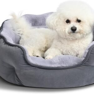 Round Dog Bed for Small Dogs, Cat Beds for Indoor Cats, Washable Puppy Bed with Soft Plush Cushion, Anti-Slip Bottom, 20x19x6 Inches, Gray