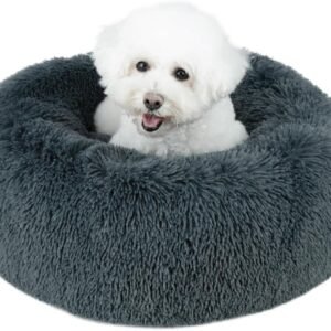 Round Calming Dog Bed for Small, Medium & Large Dogs, Plush Donut Cuddler Pet Bed w/Raised Rim for Head, Neck Support, Anti-Slip Bottom Washable Bed - Gray, 20 x 20 x 6