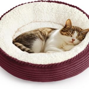Round Donut Cat and Dog Cushion Bed, 20in Pet Bed for Cats or Small Dogs, Anti-Slip & Water-Resistant Bottom, Super Soft Durable Fabric Pet beds, Washable Luxury Bed Burgundy Stripe