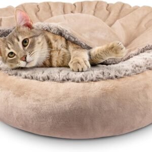 Small Dog Cat Bed With Hooded Blanket, Cozy Cuddler Luxury Puppy Pet Donut Round Calming Anti-Anxiety Burrow Cave - Anti-Slip Bottom, Machine Washable, 23 Inch