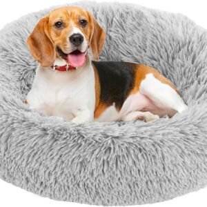 30.7 Inch Large Donut Dog Bed for Indoor Use, Fluffy Faux Fur Plush | Warming Cozy Round Pet Bed, Machine Washable Cuddler, Anti-Slip Bed for Dogs and Cats, Grey
