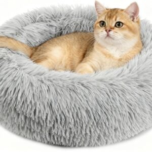 Cat Bed Indoor Calming - Small Washable Plush Donut Bed for Cats | Anti-Slip Faux Fur Fluffy Pet Bed for Indoor Kittens and Puppies, Dog Bed, Soft Round Kitten Bed, Light Grey