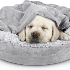 Small Dog Bed Cat Bed with Hooded Blanket, Cozy Cuddler Luxury Puppy Pet Bed, Donut Round Calming Anti-Anxiety Dog Burrow Cave Bed - Anti-Slip Bottom and Machine Washable 23 inch