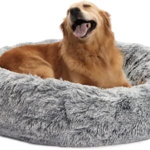 Calming Donut Dog Bed, 36 Inches Round Fluffy for Large Dogs, Anti-Anxiety Plush, Machine Washable (Dark Grey, Large)