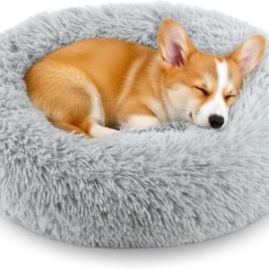 Calming Donut Dog and Cat Bed for Indoor Cats, Anti-Anxiety Round Fluffy Soft Washable Small Pet Bed for Puppy and Kitten, Warming Comfortable Luxury Anti-Slip Waterproof Mute Base 20in Gray