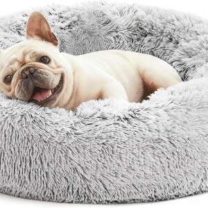 Calming Cat Bed for Indoor Cats, Anti-Anxiety Donut Round Dog Bed, Fluffy Faux Fur Washable Pet Bed for Small Medium Dogs and Cats, Grey, 20in