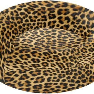 Beautiful Brown Leopard Print Round Donut Cat and Dog Cushion Bed,Soft Plush Pet Beds,Washable Calming Dog Beds with Anti-Slip Bottom-M