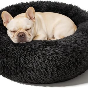 Dog Calming Beds for Medium Large Dogs - Round Donut Washable Puppy Dog Bed, Anti-Slip Faux Fur Fluffy Donut Cuddle Anxiety Cat Pet Bed(28'' Black)